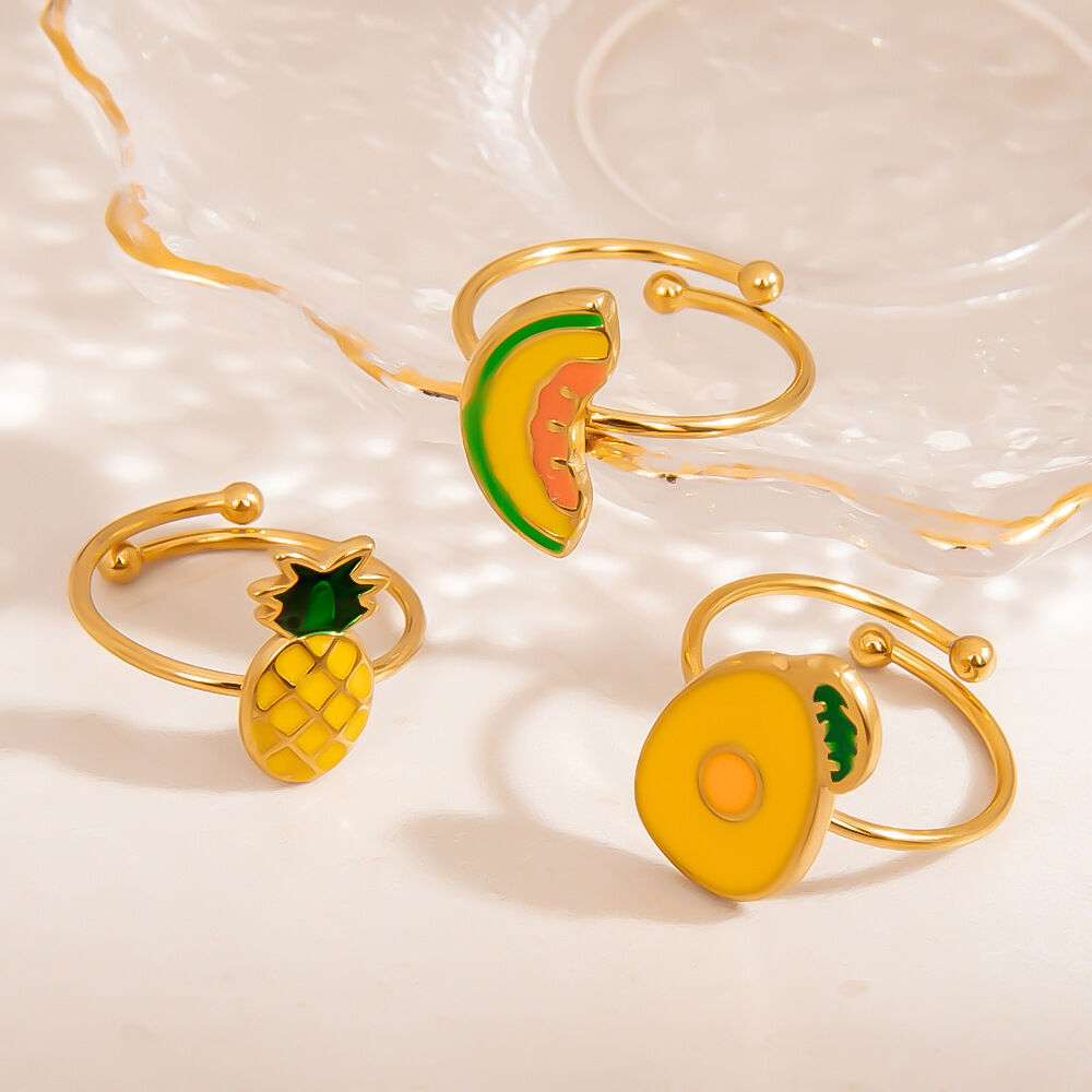 Cute Enamel Fruit Stainless Steel Waterproof Gold Color Statement Rings Picture2