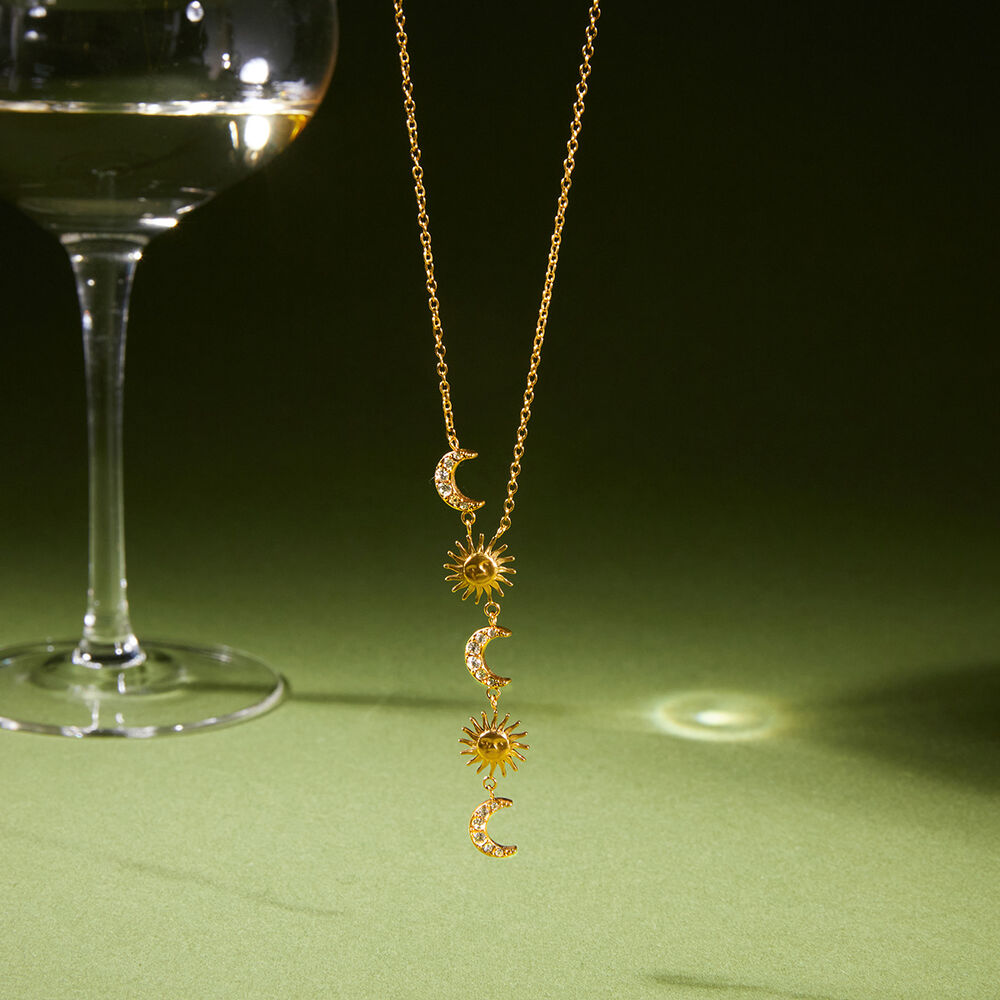 Sun & Moon Y-shape Stainless Steel Waterproof Gold Color Rhinestone Women's Pendant Necklaces Picture3