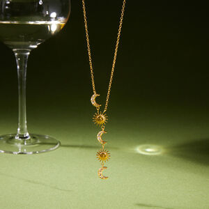 Sun & Moon Y-shape Stainless Steel Waterproof Gold Color Rhinestone Women's Pendant Necklaces h5 Picture3