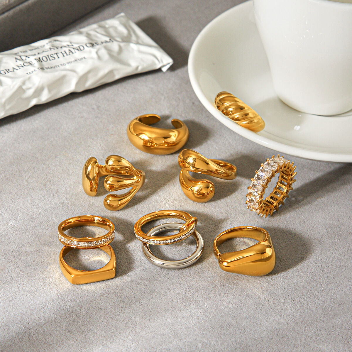 Daily Stainless Steel Waterproof Gold Color Zircon Statement Rings