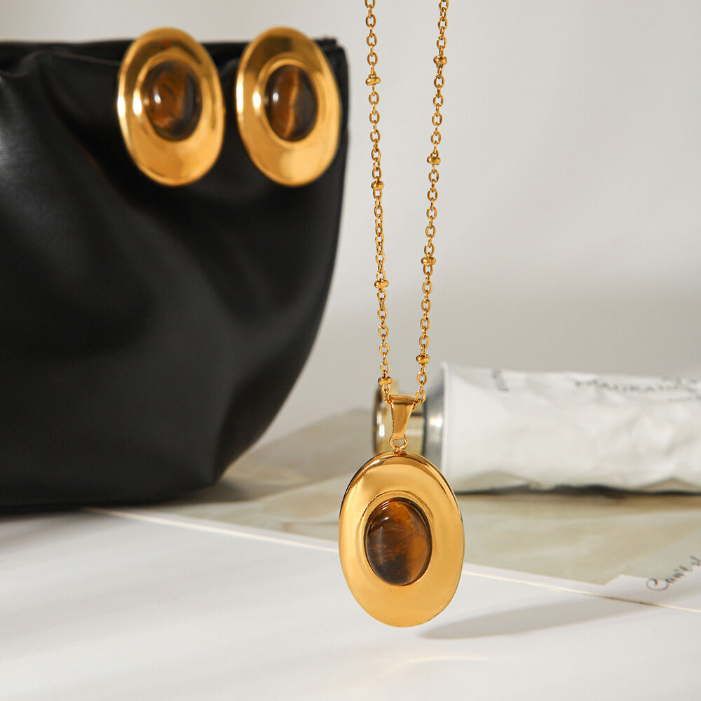 Retro Stainless Steel Waterproof Gold Color Natural Stone Women's Necklaces Set h5Picture4