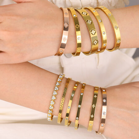 Classic Flower Heart Rhinestone Stainless Steel Waterproof Gold Color Women's Bangles 2