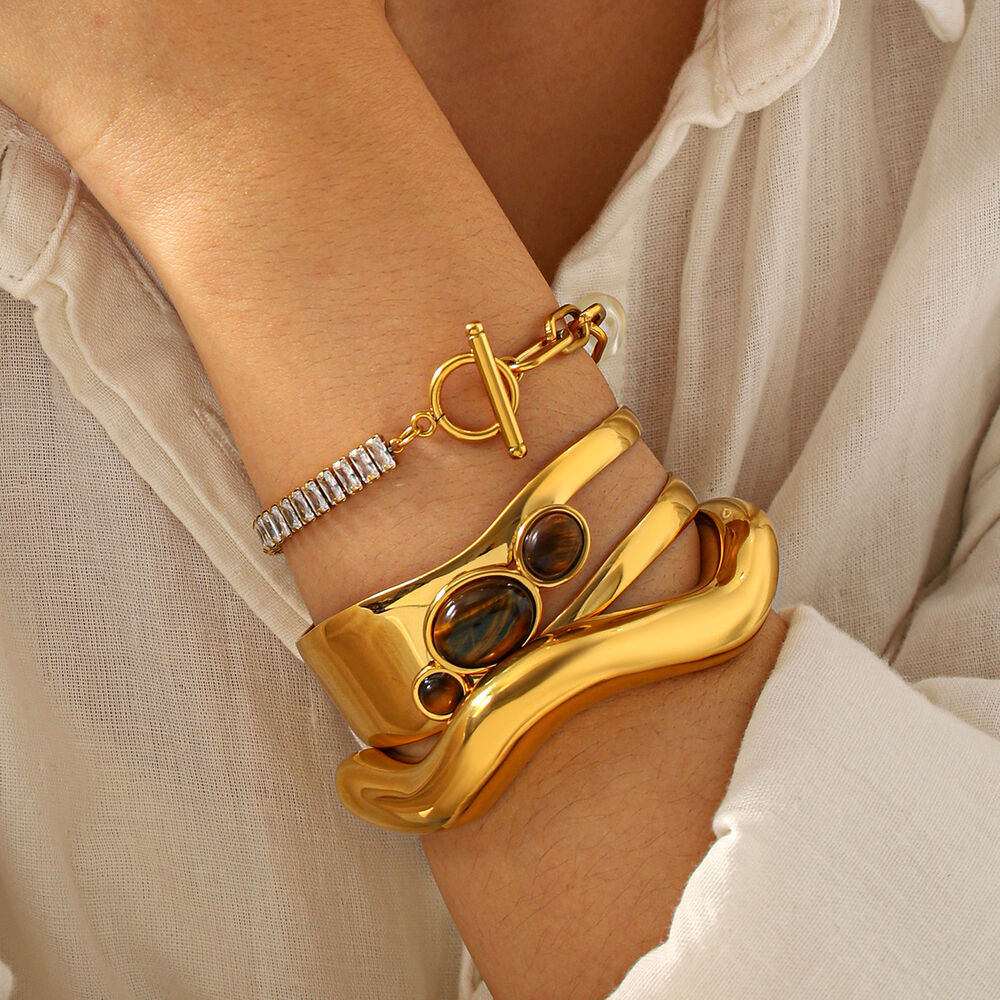 Stainless Steel Waterproof Gold Color Natural Stone Zircon Women's Bracelet Set Picture4