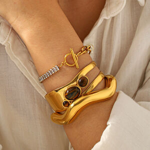 Stainless Steel Waterproof Gold Color Natural Stone Zircon Women's Bracelet Set h5 Picture4