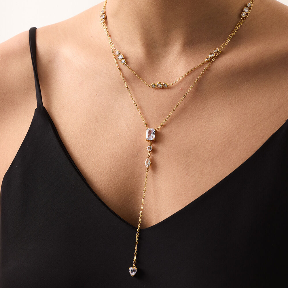 18K Gold Luxurious  Elegant Patchwork Circle Rectangle Stainless Steel Waterproof  Zircon Women's Pendant Necklaces h5 Picture2