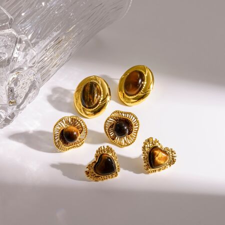 Retro Stainless Steel Waterproof Gold Color Natural Stone Women's Stud Earrings 2