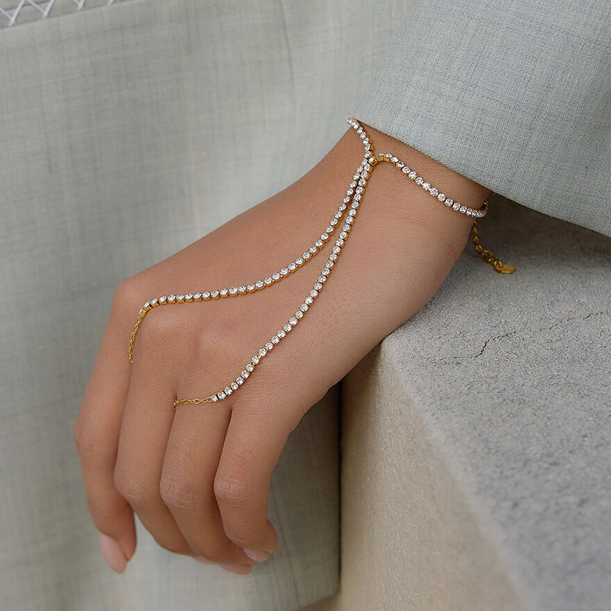 Elegant Chain Stainless Steel Waterproof Gold Color Rhinestone Women's Bracelets Sets h5Picture3