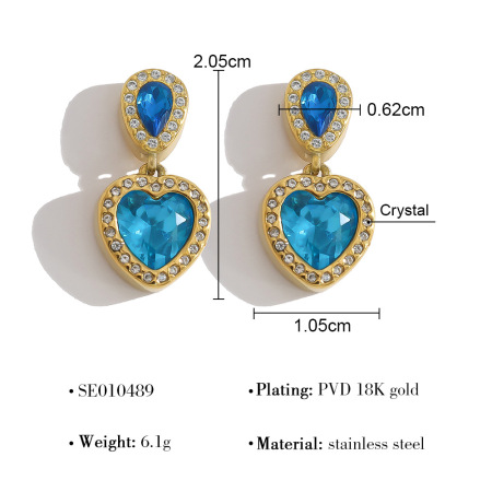 Simple Heart Stainless Steel Waterproof Gold Color Crystal Women's Drop Earrings