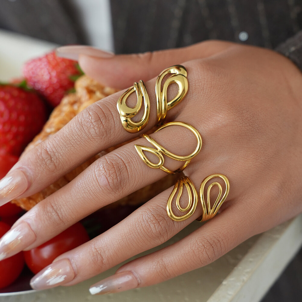 Simple Series Daily Irregular Shape Lines Stainless Steel Waterproof Gold Color Statement Rings Picture4