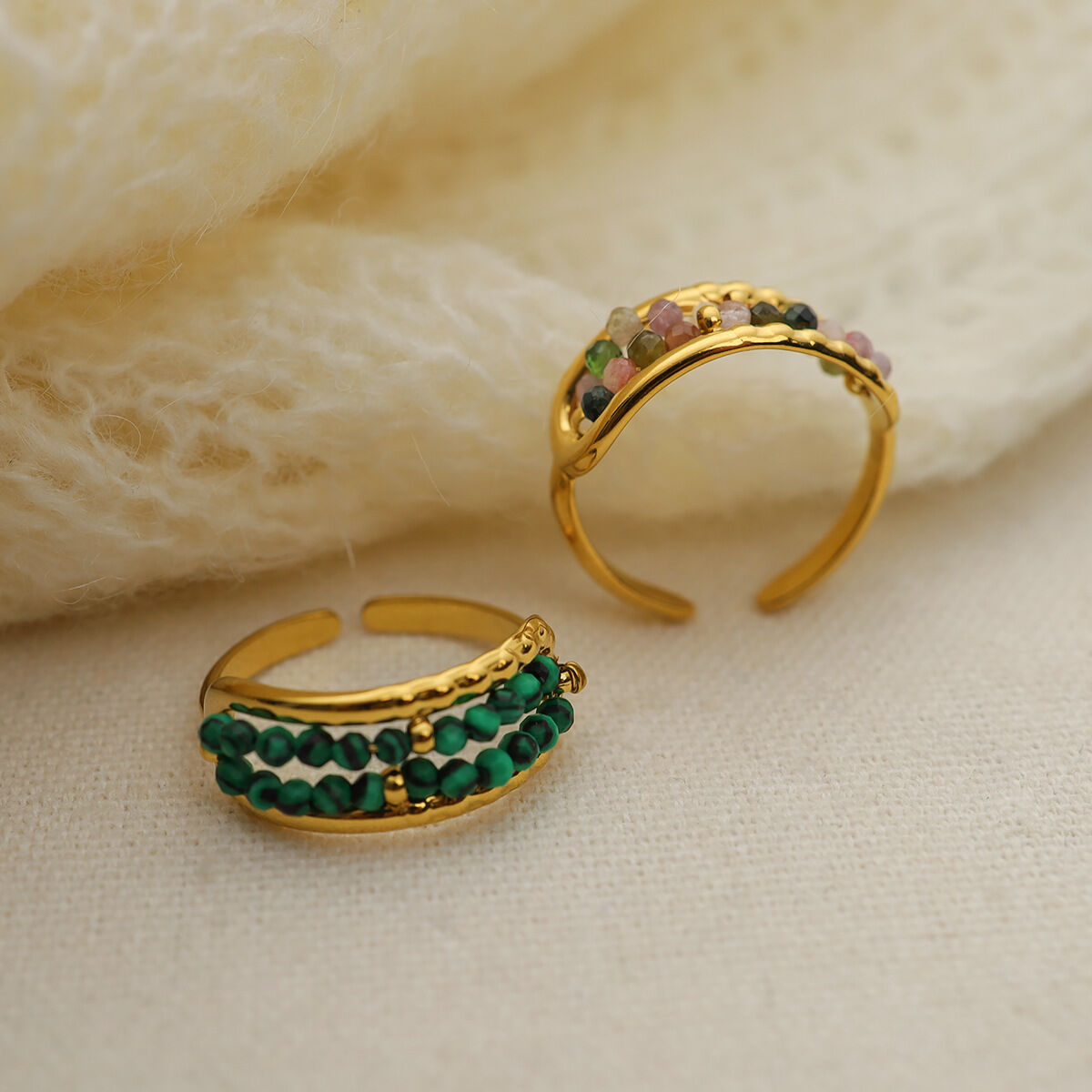 Anelli da donna con pietre preziose color oro, in acciaio inossidabile, impermeabili, retrò, con perline di pietra naturale 2