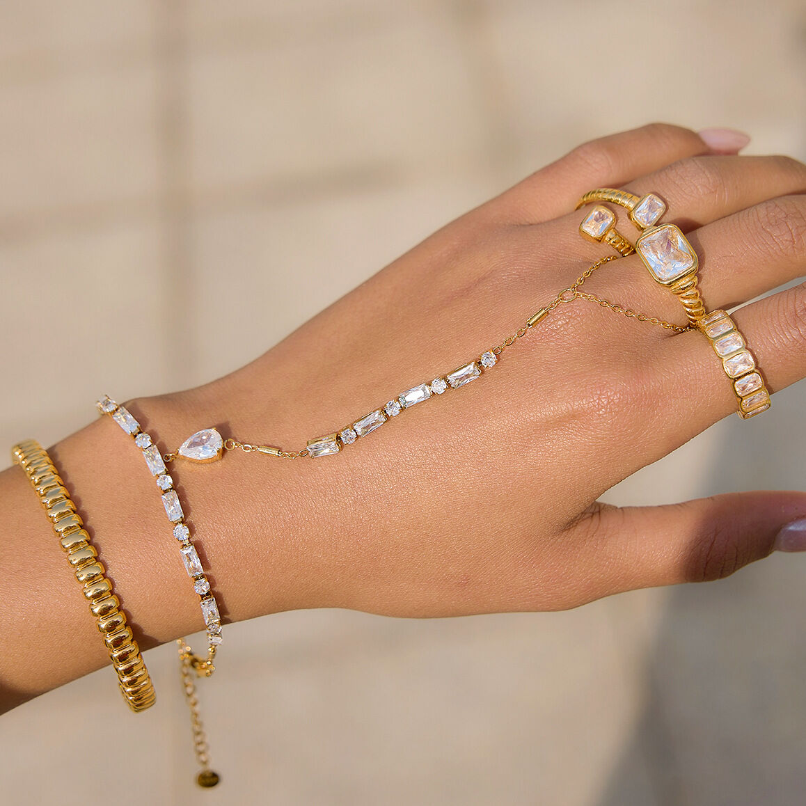 Luxurious Elegant Chain Rectangle Stainless Steel Waterproof Gold Color Zircon Women's Hand Chain
