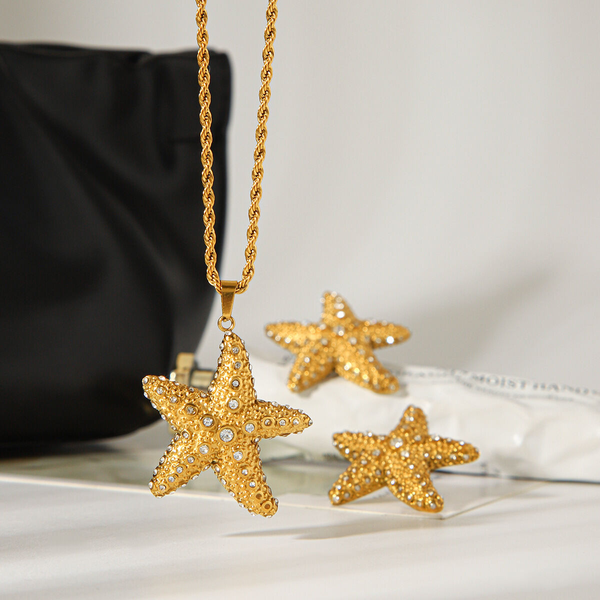 Vacation Starfish Stainless Steel Waterproof Gold Color Zircon Women's Necklaces Set