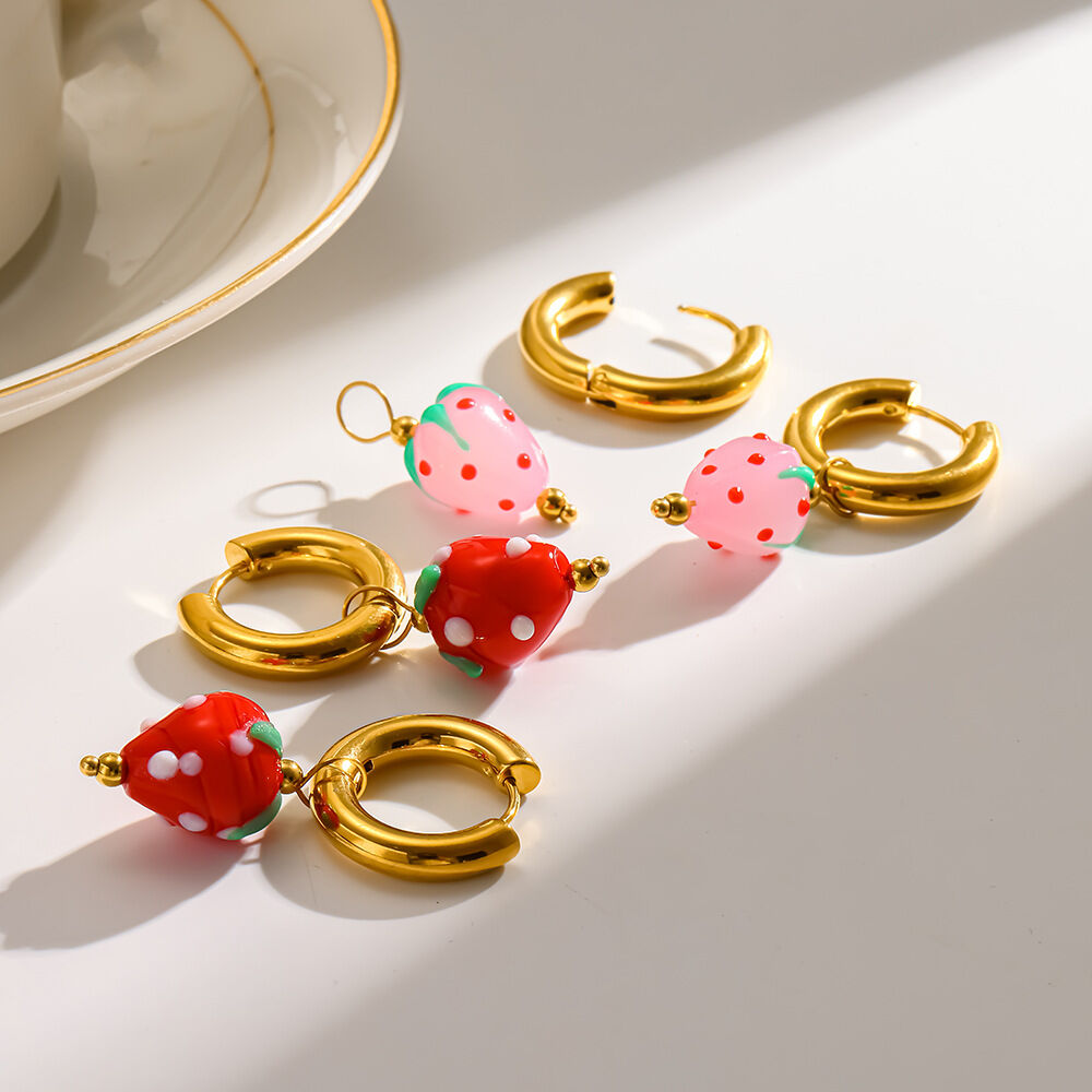 Sweet Strawberry Stainless Steel Waterproof   Gold Color  Women's Hoop Earrings Picture3
