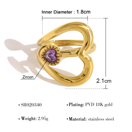Simple Heart Stainless Steel Waterproof Gold Color Zircon Women's Gemstone Rings
