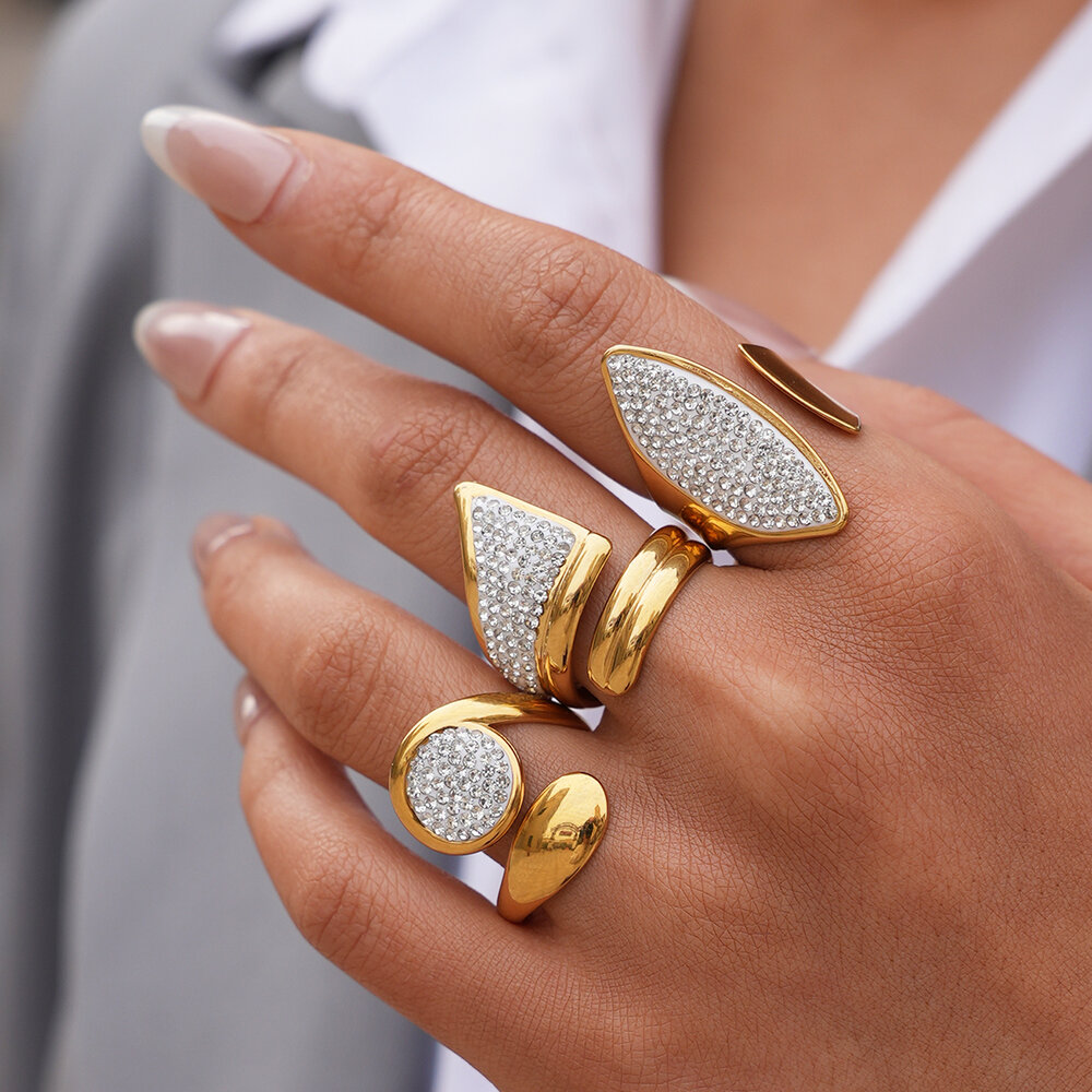 Simple Daily Irregular Shape Stainless Steel Waterproof Gold Color Rhinestone Statement Rings Picture3
