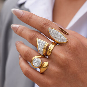 Simple Daily Irregular Shape Stainless Steel Waterproof Gold Color Rhinestone Statement Rings h5 Picture3