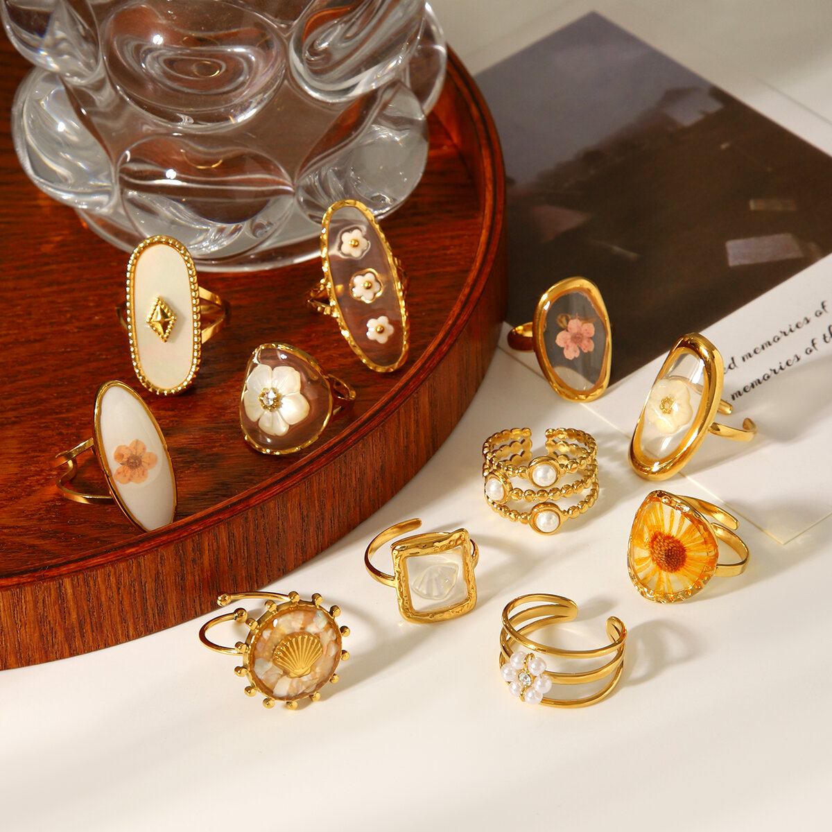 Daily Flower Stainless Steel Waterproof Gold Color Statement Rings h5 Picture7