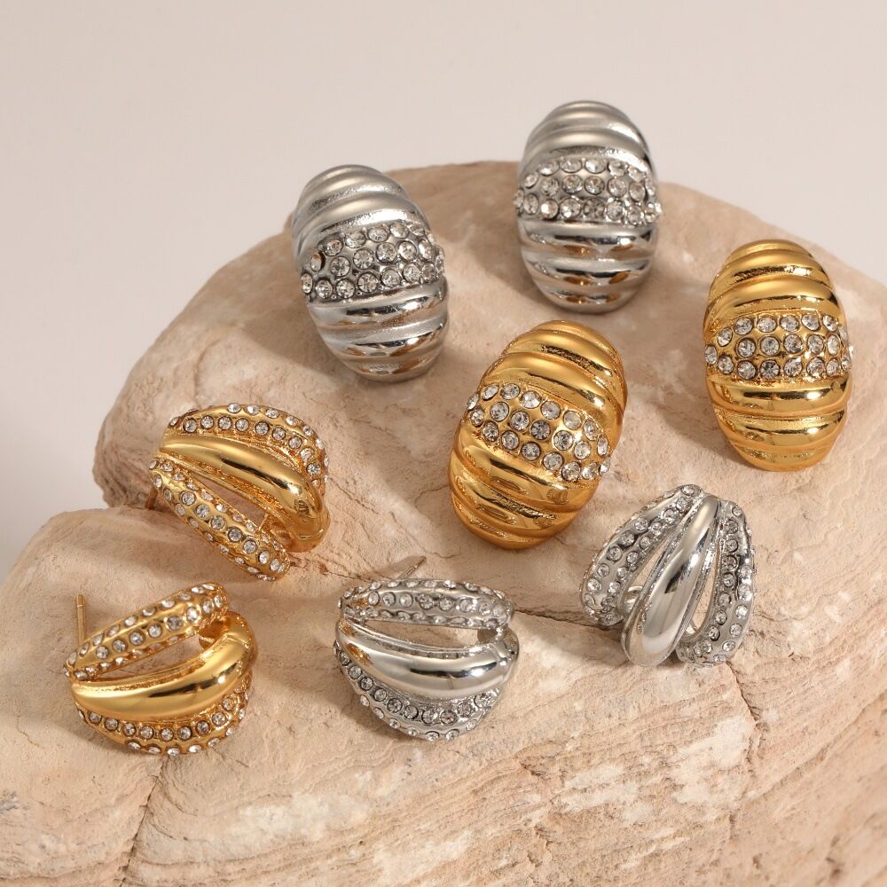 Simple Stripe Circle Stainless Steel Waterproof Gold Color Rhinestone Women's Stud Earrings h5Picture2