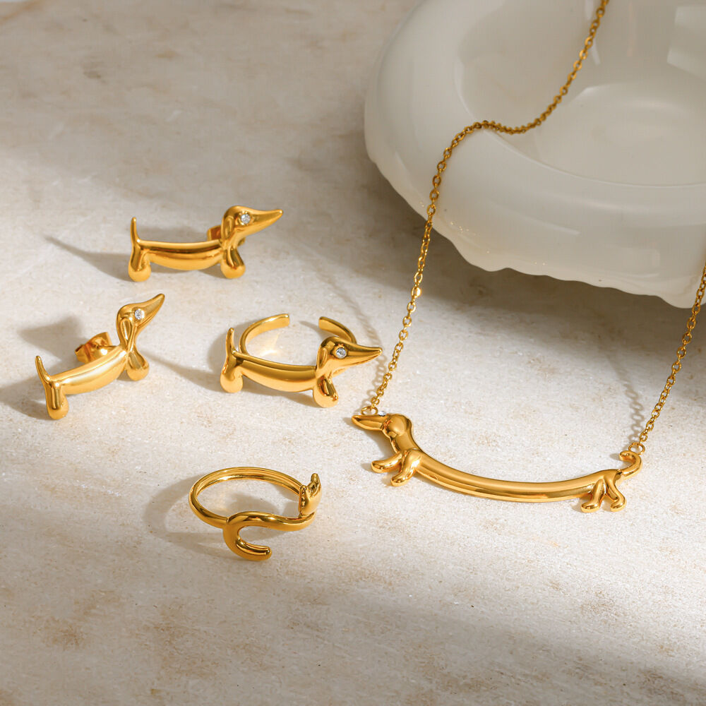 Cute Dog Shape Stainless Steel Waterproof Gold Color Rhinestone Women's Jewelry Sets 2