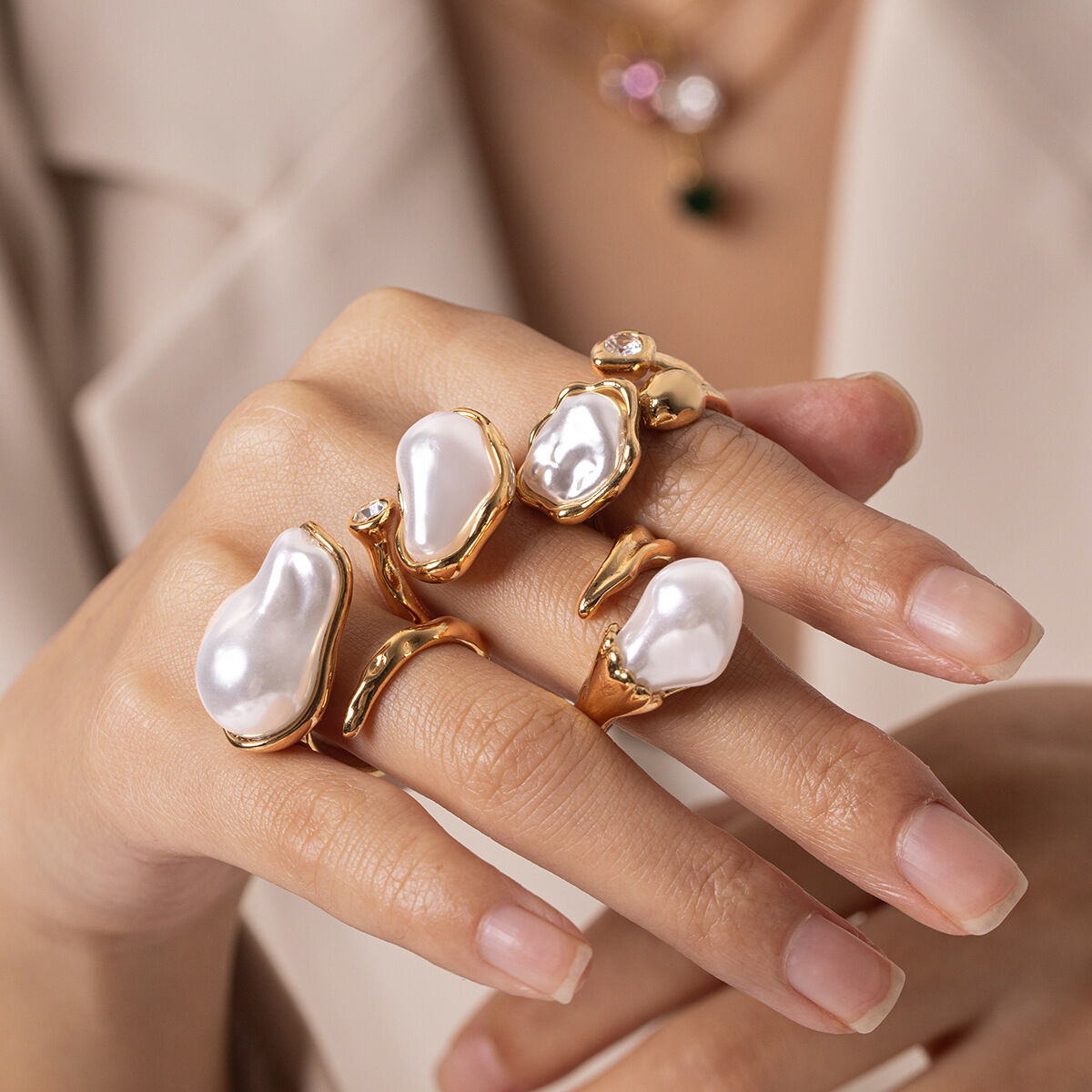 Retro Irregular Shape Stainless Steel Waterproof   Gold Color  Zircon Pearl Women's Gemstone Rings