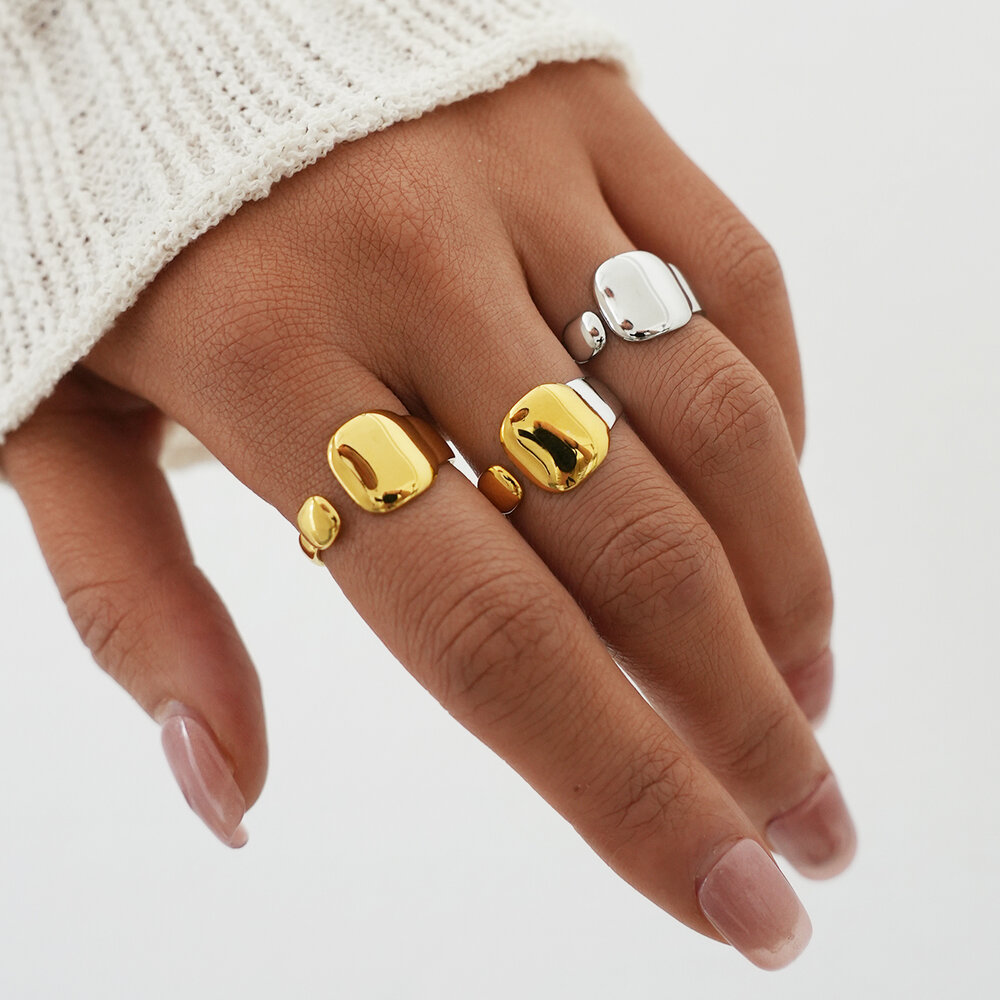 Simple Daily Irregular Shape Rectangle Stainless Steel Waterproof Gold Color Statement Rings Picture3