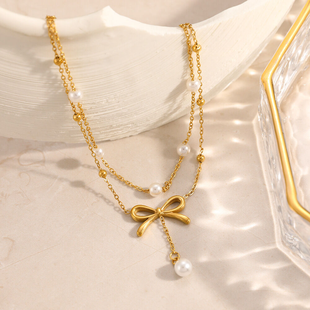 Sweet Bow Knot Stainless Steel Waterproof Gold Color Pearl Anklets Picture3