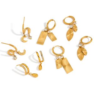 Simple Droplet Moon Shape Stainless Steel Waterproof Gold Color Rhinestone Women's Dangle Earrings h5 Picture4