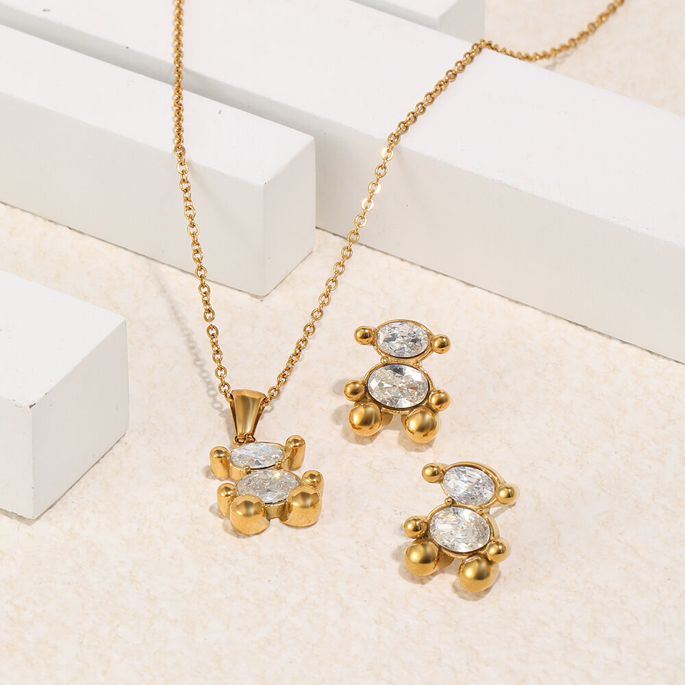 Cute Bear Shape Stainless Steel Waterproof Gold Color Zircon Women's Necklaces Sets h5Picture3
