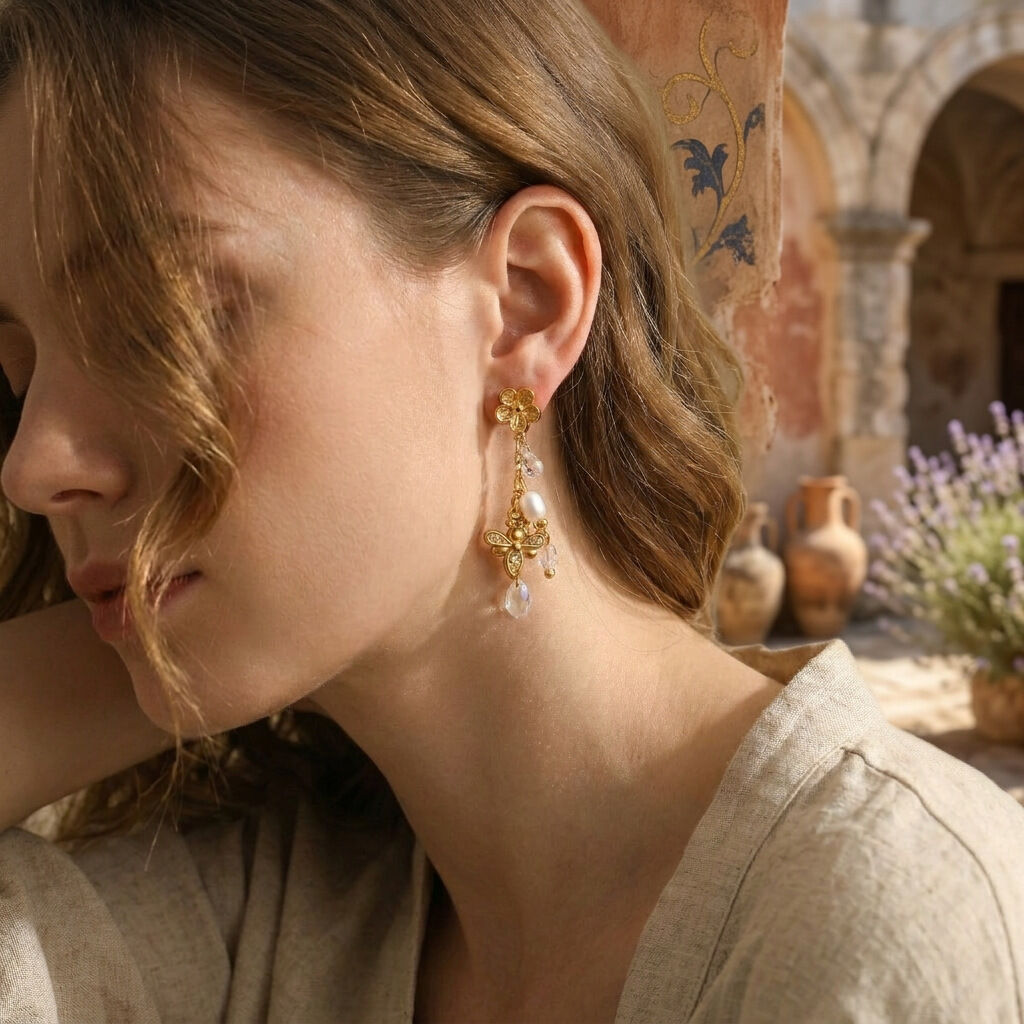 Simple  Daily Flower Wings Stainless Steel Waterproof   Gold Color  Women's Drop Earrings