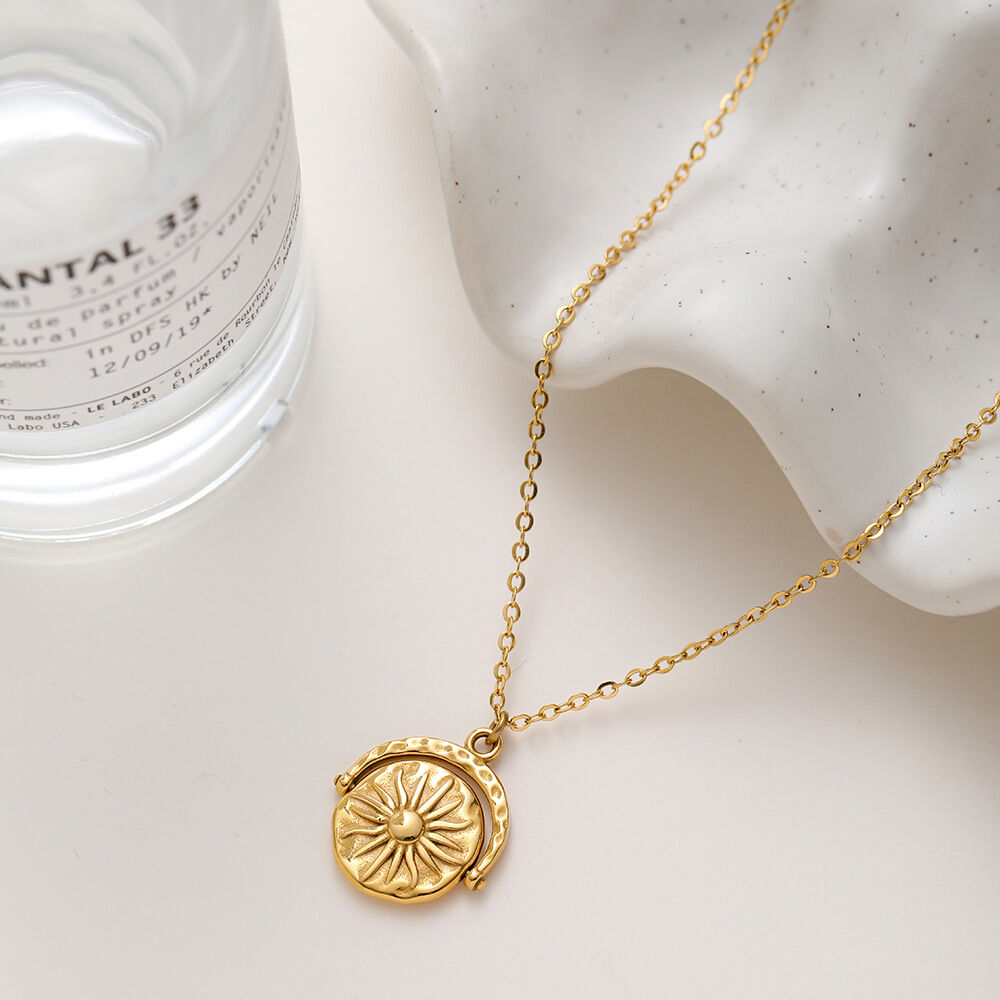 Retro Rotatable Sun Moon Relieve stress Stainless Steel Waterproof   Gold Color  Women's Pendant Necklaces