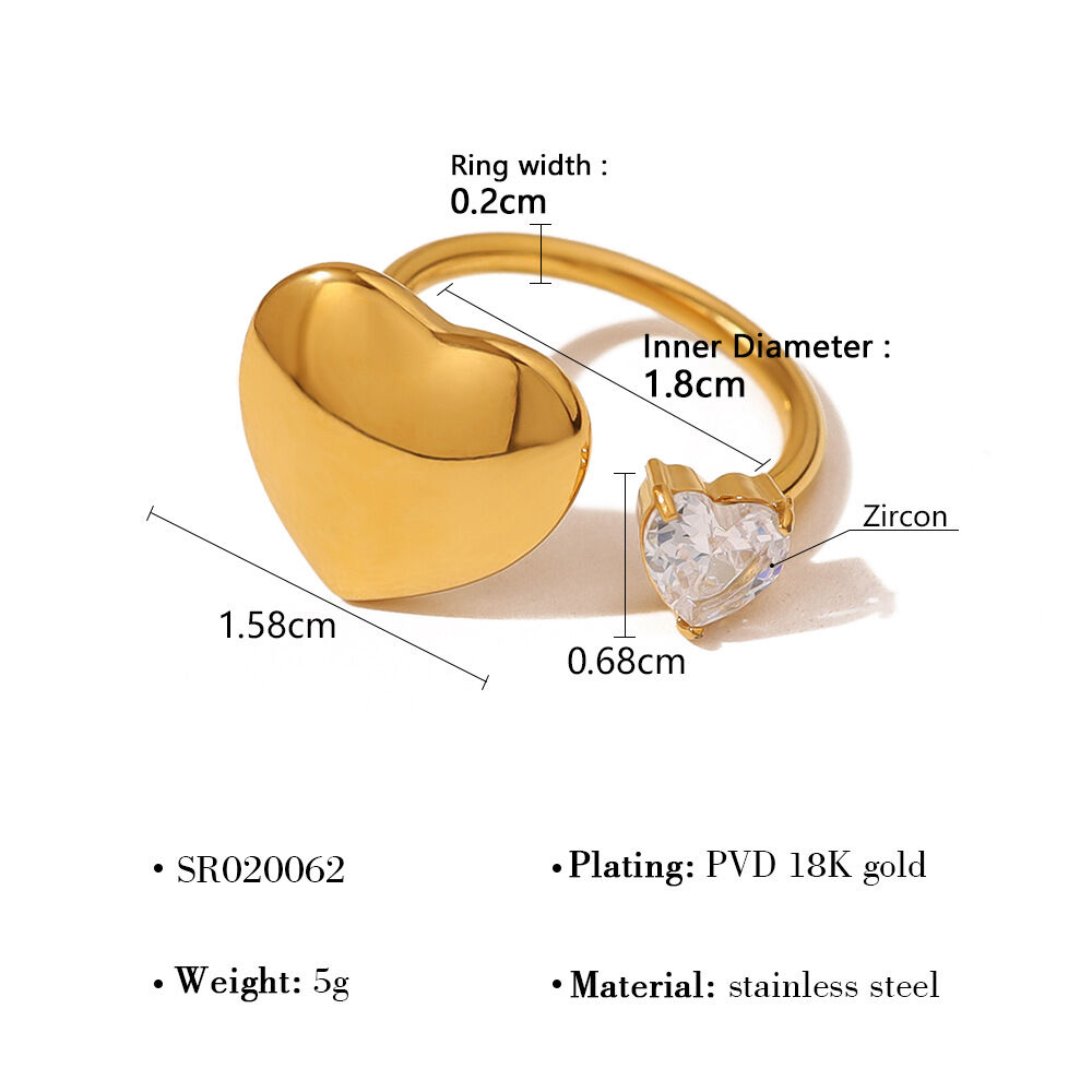 Simple Heart Stainless Steel Waterproof Gold Color Zircon Statement Rings h5 