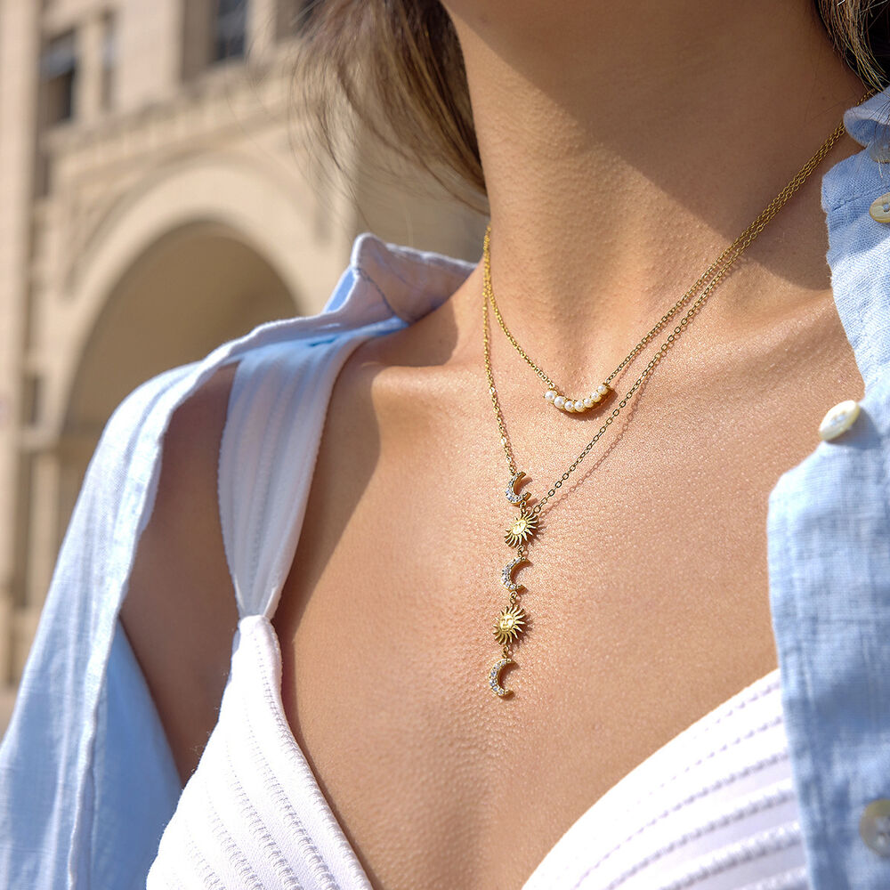 Sun & Moon Y-shape Stainless Steel Waterproof Gold Color Rhinestone Women's Pendant Necklaces Picture2