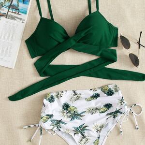 Green Clear Plant Patterned Polyester Polyester Bikini Set h5 Picture2