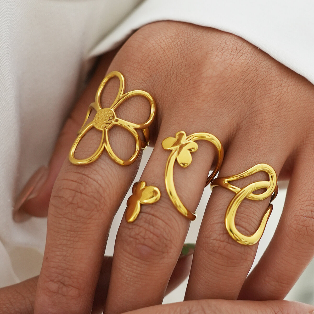 Retro Irregular Shape Stainless Steel Waterproof   Gold Color  Statement Rings h5 Picture5