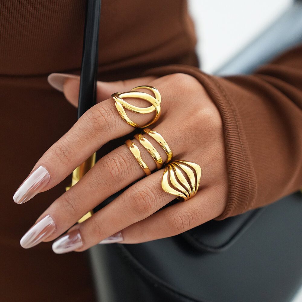 Simple Daily Irregular Shape Stainless Steel Waterproof Gold Color Statement Rings Picture2
