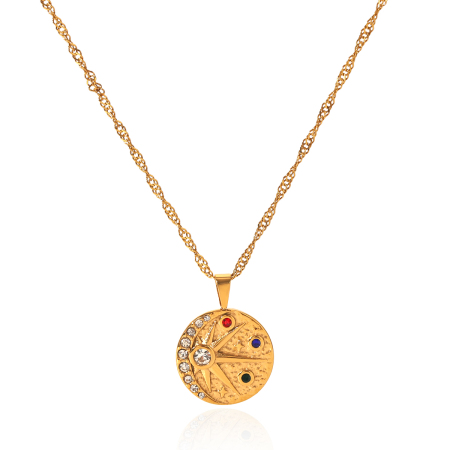 Collana con ciondolo da donna Retro Daily Circle in acciaio inossidabile impermeabile color oro con zirconi
