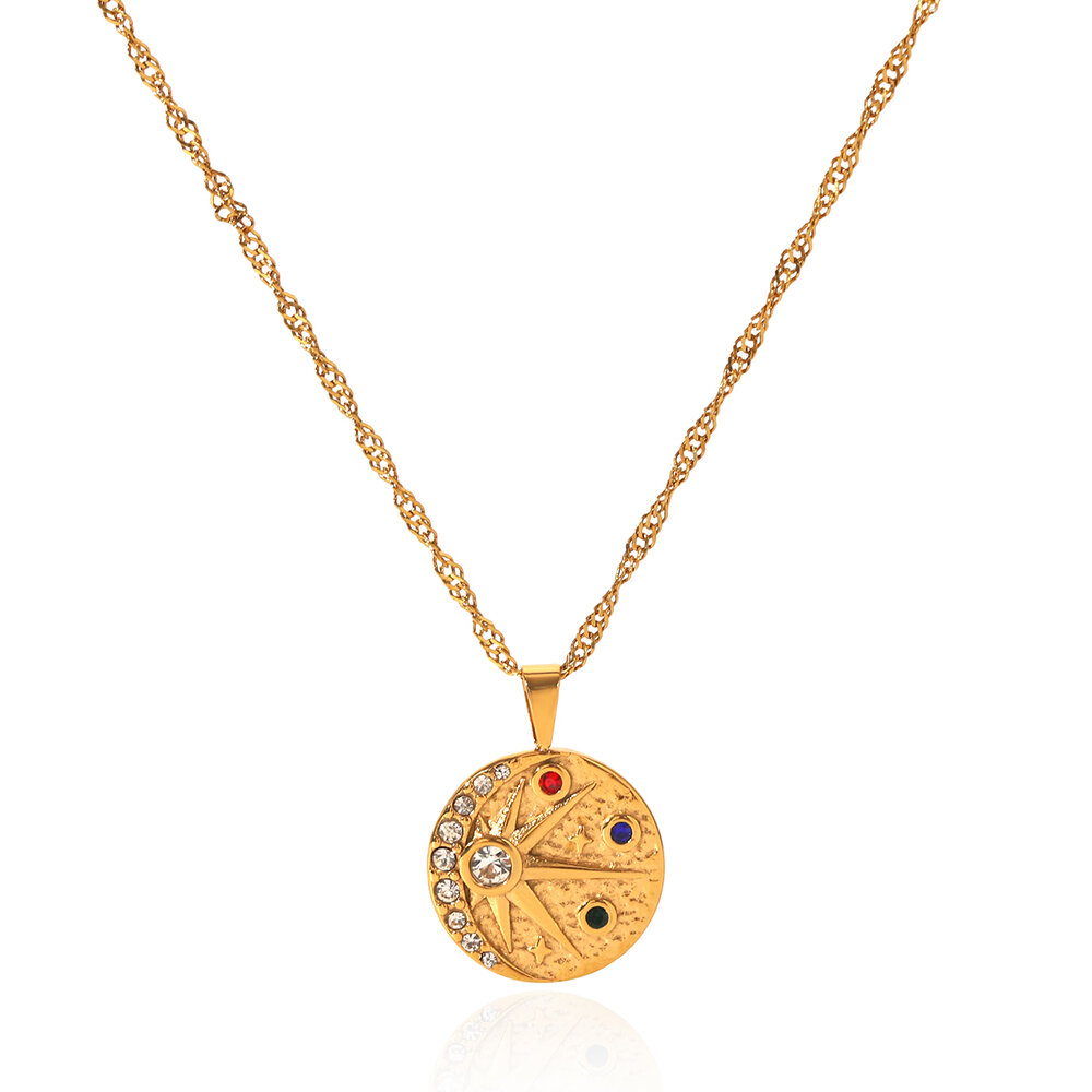 Retro Daily Circle Stainless Steel Waterproof Gold Color Zircon Women's Pendant Necklaces