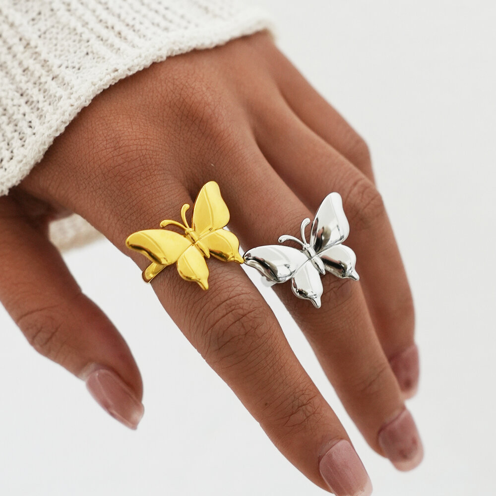 Butterfly Stainless Steel Waterproof Gold Color Statement Rings Picture3