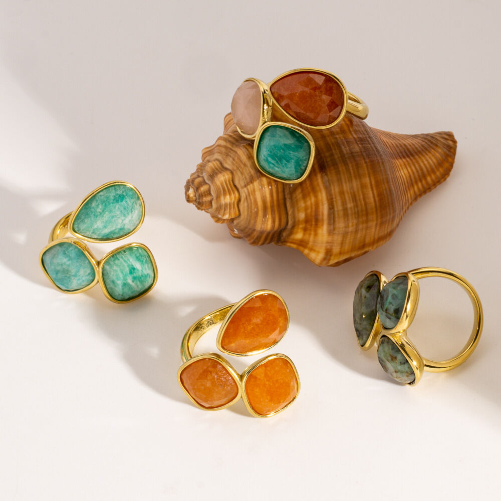 Luxurious   Mixed Color Geometric Shape Stainless Steel Waterproof   Gold Color  Women's Gemstone Rings 2