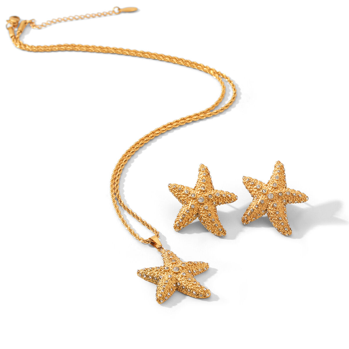 Vacation Starfish Stainless Steel Waterproof Gold Color Zircon Women's Necklaces Set h5Picture5
