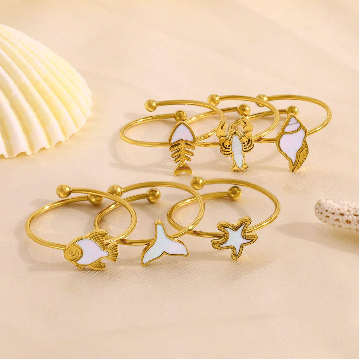 Oceanic Cute Animal Stainless Steel Waterproof Gold Color Shell Statement Rings Picture2