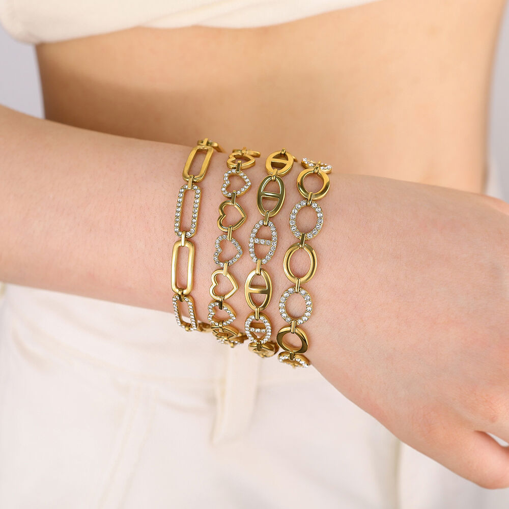 Luxuriöse Serie: Schlichtes Herzkettenarmband aus Edelstahl, wasserdicht, goldfarben, mit Kristallen Bild2