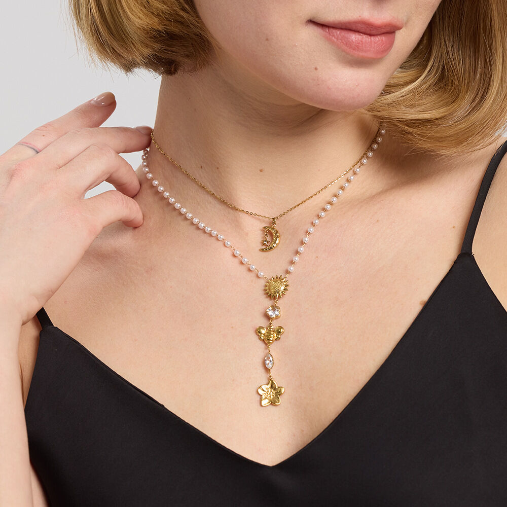 Luxuriöse, elegante Mond-Halskette aus wasserdichtem Edelstahl in Goldfarbe mit Zirkonia-Anhänger für Damen h5Bild3