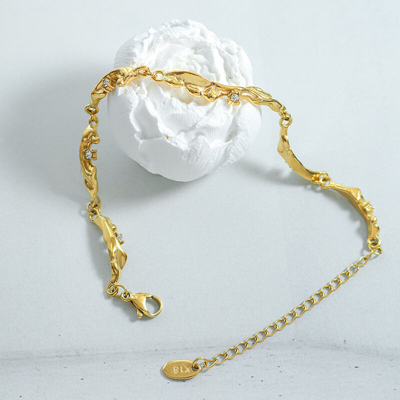 Retro Irregular Shape Stainless Steel Waterproof Gold Color Zircon Women's Chain Bracelets h5 Picture3