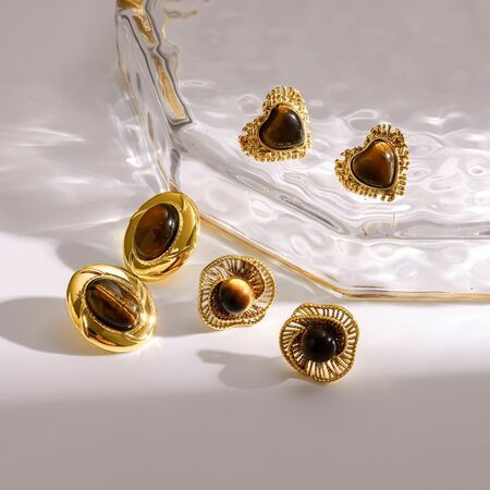 Retro Stainless Steel Waterproof Gold Color Natural Stone Women's Stud Earrings