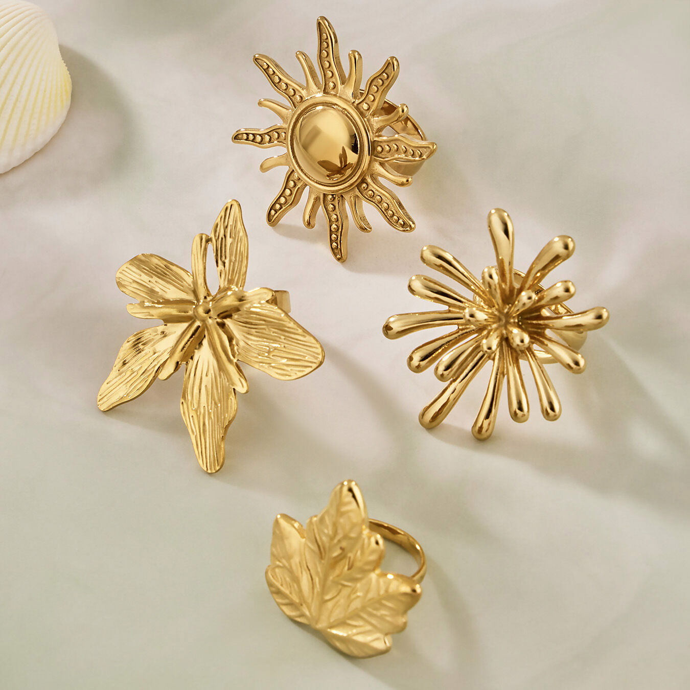 Punk Flower Sun Stainless Steel Waterproof Gold Color Statement Rings h5 Picture4