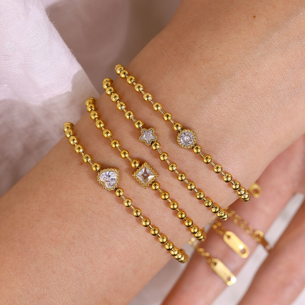 Einfaches Perlenarmband aus Edelstahl, wasserdicht, goldfarben, mit Strasssteinen besetzt Bild2