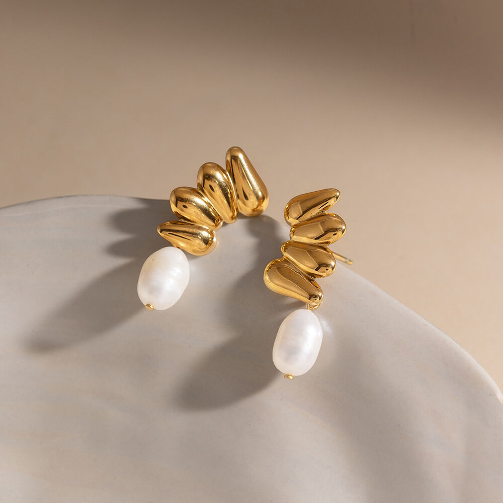 Elegant Stainless Steel Waterproof Gold Color Pearl Women's Drop Earrings h5Picture3