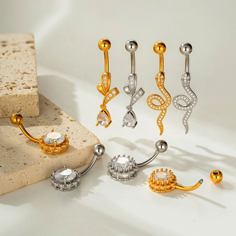 Piercing all'ombelico con zircone color rame e oro a forma di cuore e serpente 2