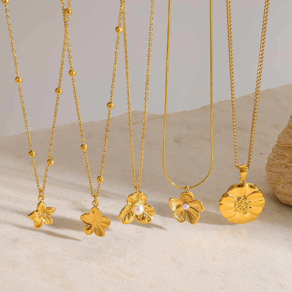 Romantic Flower Stainless Steel Waterproof Gold Color Pearl Women's Pendant Necklaces